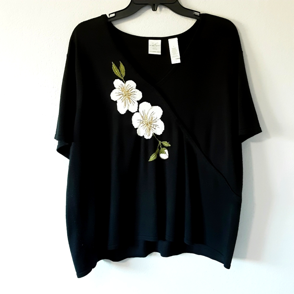 Excellent condition.  Plus Size 2  - Emma James Black Sweater With White Flowers